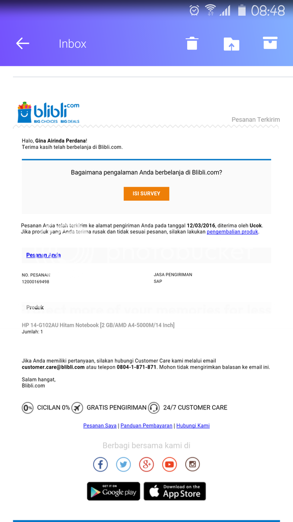 Barang Pesanan Blibli yang tidak sampai tapi sudah dinyatakan sampai