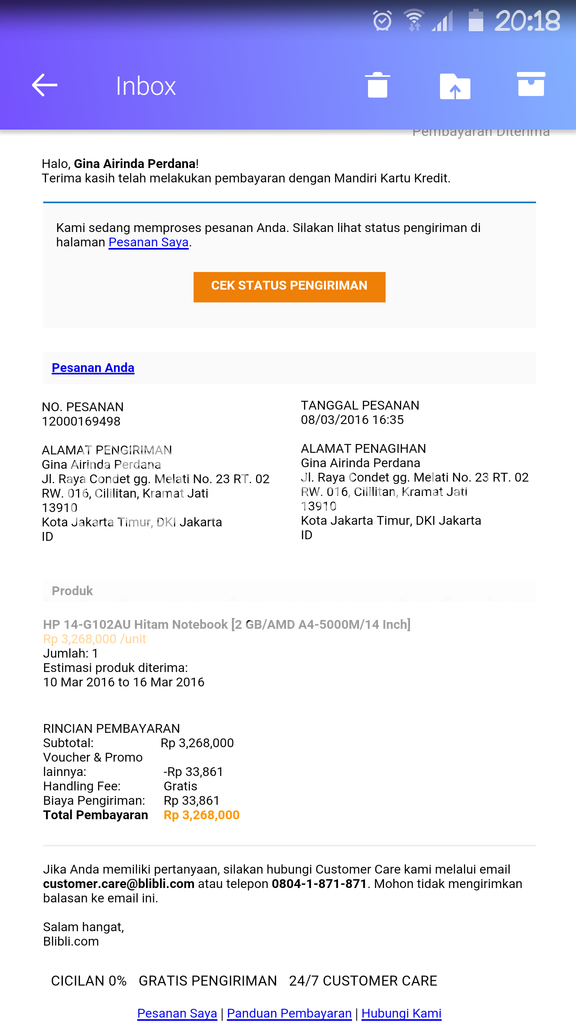 Barang Pesanan Blibli yang tidak sampai tapi sudah dinyatakan sampai