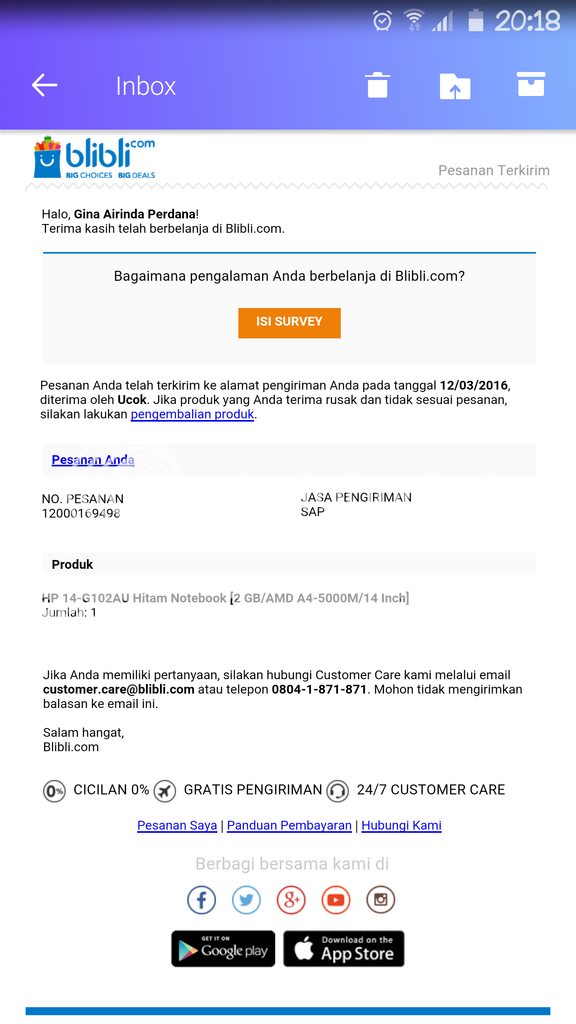 Barang Pesanan Blibli yang tidak sampai tapi sudah dinyatakan sampai